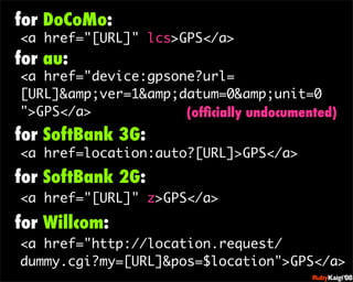 for DoCoMo:
<a href=quot;[URL]quot; lcs>GPS</a>
for au:
<a href=quot;device:gpsone?url=
[URL]&amp;ver=1&amp;datum=0&amp;un...