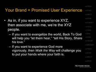 Your Brand = Promised User ExperienceAs in, if you want to experience XYZ, then associate with me, we’re the XYZ people. If you want to evangelize the world, Back To God will help you “let them hear,” “tell His Story, Share his love.”If you want to experience God more vigorously, then Walk the Way will challenge you to put your hands where your faith is. 