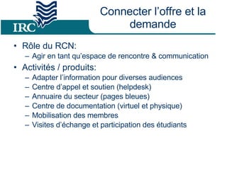 Connecter l’offre et la demande Rôle du RCN: Agir en tant qu’espace de rencontre & communication Activités / produits: Adapter l’information pour diverses audiences Centre d’appel et soutien (helpdesk) Annuaire du secteur (pages bleues) Centre de documentation (virtuel et physique) Mobilisation des membres Visites d’échange et participation des étudiants  