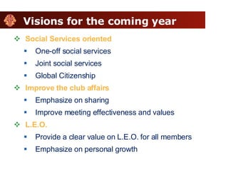 Visions for the coming year Social Services oriented One-off social services Joint social services Global Citizenship Improve the club affairs Emphasize on sharing Improve meeting effectiveness and values L.E.O. Provide a clear value on L.E.O. for all members Emphasize on personal growth 