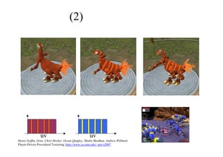 (2)テクスチャ生成
細かすぎない シンプルすぎない 
ユーザーが選ぶ
uv uv
Henry Goffin, Grue, Chris Hecker, Ocean Quigley, Shalin Shodhan, Andrew Willmott,
Player-Driven Procedural Texturing, http://www.cs.cmu.edu/~ajw/s2007
 