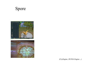 「Spore」から見るこれからのＥＡ戦略
プロシージャル技術を自社技術として取り入れて行き、
各開発段階を効率化、高品質化、自動化を行う。
次世代ゲームエンジン
プロシージャル・ゲームエンジン
ハイ・インテリジェントな開発工程
知的機能を利用したゲーム開発工程
(CryEngine, DUNIA Engine…)
 