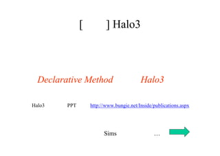 [余談] Halo3
上記の手法は、
 Declarative Method として Halo3 へ
Halo3 ９講演のPPT資料 http://www.bungie.net/Inside/publications.aspx
Sims の話へ戻って…
 