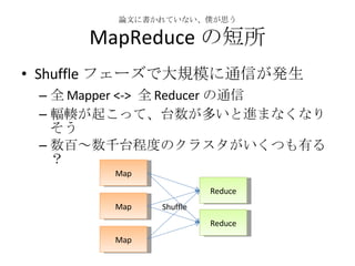 論文に書かれていない、僕が思う MapReduce の短所 Shuffle フェーズで大規模に通信が発生 全 Mapper <->  全 Reducer の通信 輻輳が起こって、台数が多いと進まなくなりそう 数百～数千台程度のクラスタがいくつも有る？ Map Map Map Reduce Reduce Shuffle 