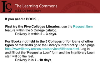 If you need a BOOK… First try the Five Colleges Libraries , use the  Request Item  feature within the 5 College catalog.  Delivery   is within  2 – 3 days. For Books not held in the 5 Colleges  or  for loans of other types of materials  go to the Library’s  Interlibrary Loan  page  http://www.library.umass.edu/services/ill/index.html . Log in and fill out the ‘Request a Loan' form and the Interlibrary Loan staff will do the rest.  Delivery is in  7 - 10 days 