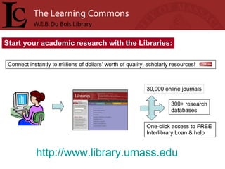 http://www.library.umass.edu   30,000 online journals 300+ research databases Connect instantly to millions of dollars’ worth of quality, scholarly resources! Start your academic research with the Libraries: One-click access to FREE Interlibrary Loan & help 