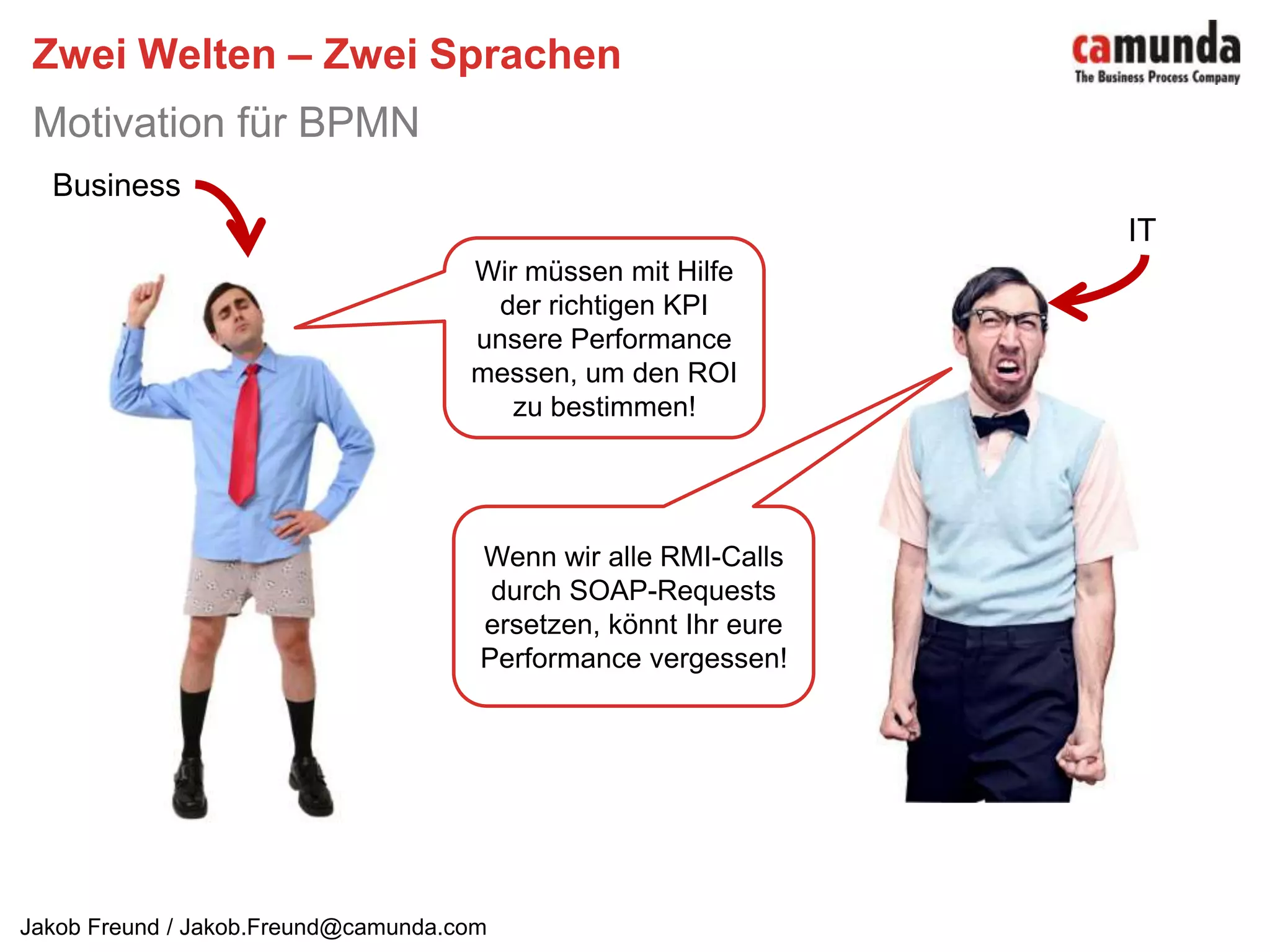 Zwei Welten – Zwei SprachenMotivation für BPMNBusinessITWir müssen mit Hilfe der richtigen KPI unsere Performance messen, um den ROI zu bestimmen!Wenn wir alle RMI-Calls durch SOAP-Requests ersetzen, könnt Ihr eure Performance vergessen!  