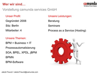Unser Profil:Gegründet: 2008Sitz: BerlinMitarbeiter: 4Unsere Themen:BPM = Business + ITProzessautomatisierungSOA, BPEL, XPDL, jBPMBPMNBPM-SoftwareWer wir sind…Vorstellung camunda services GmbHUnsere Leistungen:BeratungSeminareProcess as a Service (Hosting)