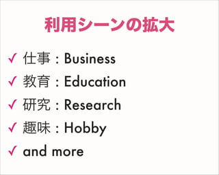 ✓ 仕事 : Business
✓ 教育 : Education
✓ 研究 : Research
✓ 趣味 : Hobby
✓ and more
利用シーンの拡大
 