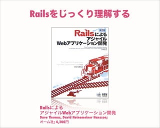 Railsによる
アジャイルWebアプリケーション開発
Dave Thomas, David Heinemeiner Hansson;
オーム社; 4,200円
Railsをじっくり理解する
 