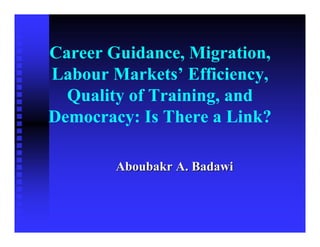 Career Guidance, Migration,
Labour Markets’ Efficiency,
  Quality of Training, and
Democracy: Is There a Link?

        Aboubakr A. Badawi
 