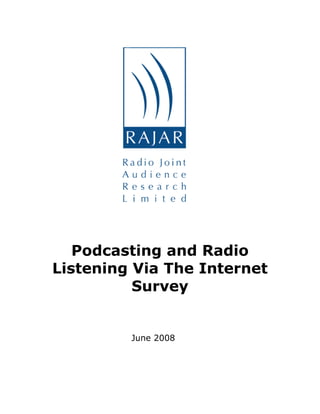 Podcasting and Radio
Listening Via The Internet
Survey
June 2008
 