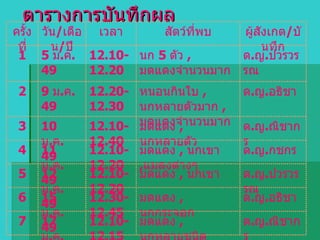 ตารางการบันทึกผล ด . ญ . ณิชากร มดแดง  ,  นกหลายชนิด 12.10-12.15 17  ม . ค . 49 7 ด . ญ . อธิชา มดแดง  ,  นกกระจอก 12.30-12.45 15  ม . ค . 49 6 ด . ญ . ปวรวรรณ มดแดง  ,  นกเขา 12.10-12.20 12  ม . ค . 49 5 ด . ญ . กชกร มดแดง  ,  นกเขา   , แมลงต่างๆ 12.10-12.20 11  ม . ค . 49 4 ด . ญ . ณิชากร มดแดง  ,  นกหลายตัว 12.10-12.40 10  ม . ค . 49 3 ด . ญ . อธิชา หนอนกินใบ  ,   นกหลายตัวมาก   ,  มดแดงจำนวนมาก 12.20-12.30 9  ม . ค . 49 2 ด . ญ . ปวรวรรณ นก  5  ตัว  ,   มดแดงจำนวนมาก 12.10-12.20 5  ม . ค . 49 1 ผู้สังเกต / บันทึก สัตว์ที่พบ เวลา วัน / เดือน / ปี ครั้งที่ 
