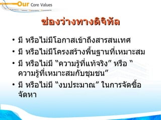 ช่องว่างทางดิจิทัล มี หรือไม่มีโอกาสเข้าถึงสารสนเทศ มี หรือไม่มีโครงสร้างพื้นฐานที่เหมาะสม มี หรือไม่มี “ความรู้ที่แท้จริง” หรือ “ความรู้ที่เหมาะสมกับชุมชน” มี หรือไม่มี “งบประมาณ” ในการจัดซื้อจัดหา 