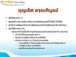 บุญเลิศ อรุณพิบูลย์ นักวิชาการ  1 ศูนย์บริการความรู้ทางวิทยาศาสตร์และเทคโนโลยี  (STKS) สำนักงานพัฒนาวิทยาศาสตร์และเทคโนโลยีแห่งชาติ  ( สวทช .) ประวัติการทำงาน ศูนย์เทคโนโลยีอิเล็กทรอนิกส์และคอมพิวเตอร์แห่งชาติ  ( เนคเทค ) เจ้าหน้าที่ระบบคอมพิวเตอร์  3 หัวหน้างานพัฒนาเนื้อหาสาระดิจิทัล หัวหน้างานวิชาการ ,  หัวหน้างานเทคนิค หน่วยปฏิบัติการวิจัยและพัฒนาวิศวกรรมเทคโนโลยีซอฟต์แวร์ งานพัฒนาเนื้อหาสาระดิจิทัล ศูนย์ฝึกอบรมคอมพิวเตอร์เนคเทค 