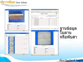 ฐานข้อมูล ใบลาน หรือพับสา เนื้อหาโดยพิสุทธิ์ ไพบูลย์รัตน์ 