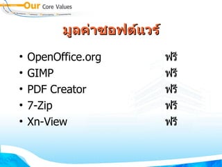 มูลค่าซอฟต์แวร์ OpenOffice.org ฟรี GIMP ฟรี PDF Creator ฟรี 7-Zip ฟรี Xn-View ฟรี 