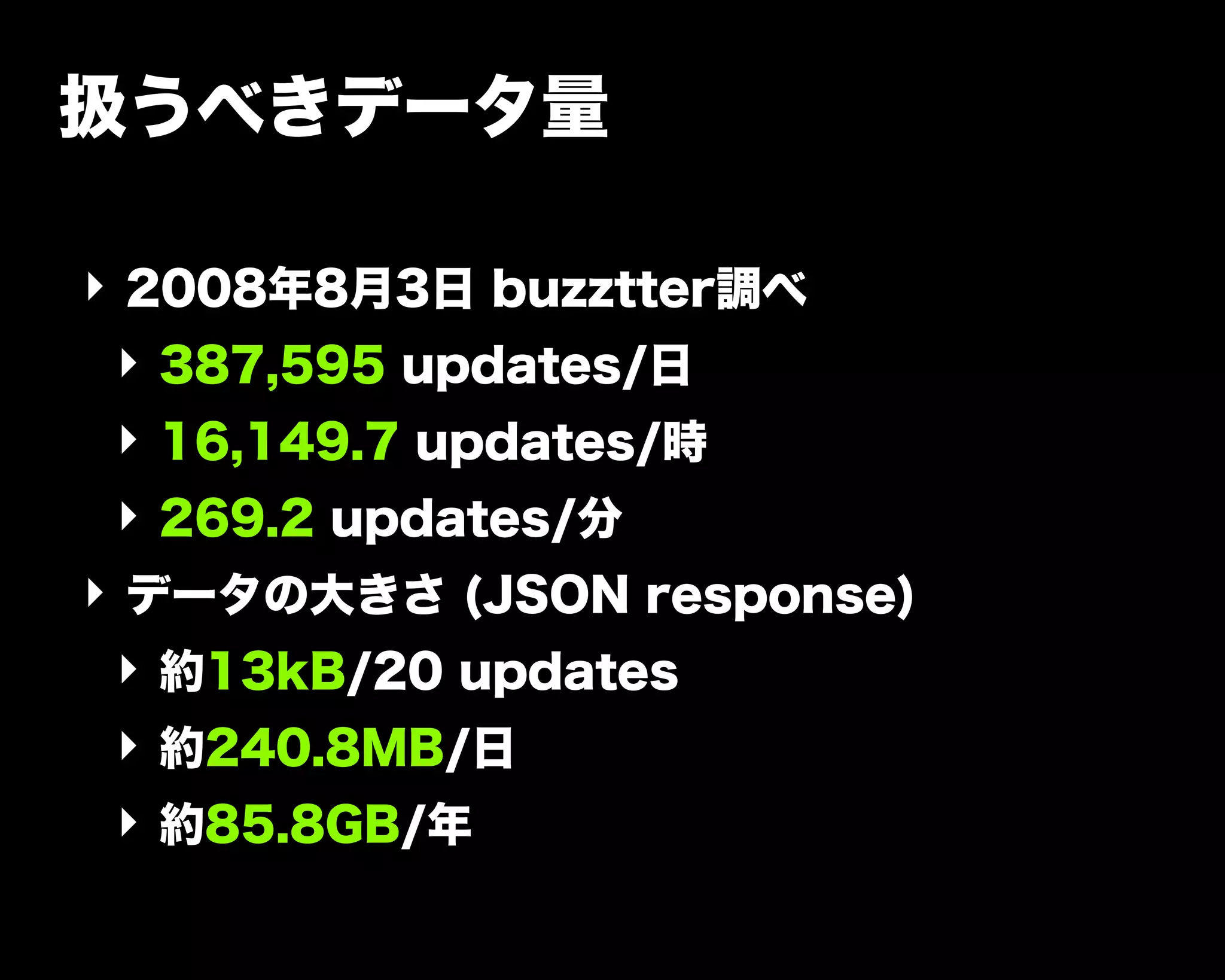 扱うべきデータ量
‣ 2008年8月3日 buzztter調べ
‣ 387,595 updates/日
‣ 16,149.7 updates/時
‣ 269.2 updates/分
‣ データの大きさ (JSON response)
‣ 約13kB/20 updates
‣ 約240.8MB/日
‣ 約85.8GB/年
 