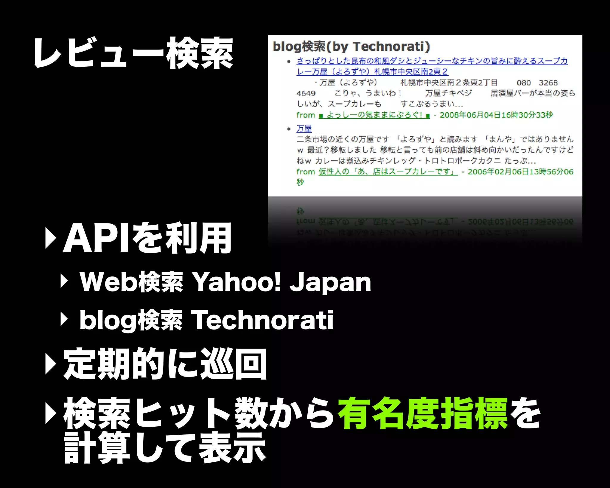 レビュー検索
‣APIを利用
‣ Web検索 Yahoo! Japan
‣ blog検索 Technorati
‣定期的に巡回
‣検索ヒット数から有名度指標を
計算して表示
 
