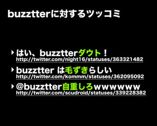 buzztterに対するツッコミ
‣はい、buzztterダウト！
http://twitter.com/night16/statuses/363321482
‣buzztter は毛ずきらしい
http://twitter.com/kommm/statuses/362095092
‣@buzztter自重しろｗｗｗｗｗｗ
http://twitter.com/scudroid/statuses/339228382
 