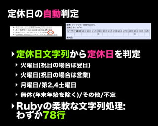 定休日の自動判定
‣定休日文字列から定休日を判定
‣ 火曜日(祝日の場合は翌日)
‣ 火曜日(祝日の場合は営業)
‣ 月曜日/第2,4土曜日
‣ 無休(年末年始を除く)/その他/不定
‣Rubyの柔軟な文字列処理:
わずか78行
 