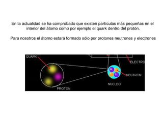 En la actualidad se ha comprobado que existen partículas más pequeñas en el  interior del átomo como por ejemplo el quark dentro del protón. Para nosotros el átomo estará formado sólo por protones neutrones y electrones 