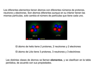 Los diferentes elementos tienen átomos con diferentes números de protones, neutrone y electrones. Son átomos diferentes aunque en su interior tienen las mismas partículas, solo cambia el número de partículas que tiene cada uno. El átomo de helio tiene 2 protones, 2 neutrones y 2 electrones El átomo de Litio tiene 3 protones, 3 neutrones y 3 electrónes Las distintas clases de átomos se llaman  elementos , y se clasifican en la tabla periódica, de acuerdo con sus propiedades. 