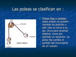 Las poleas se clasifican en : Poleas fijas o simples : estas poleas no pueden cambiar de posición y sólo rota en torno a su eje. Sirve para levantar objetos, como por ejemplo un ascensor. La polea fija cambia el sentido del movimiento de un cuerpo. 
