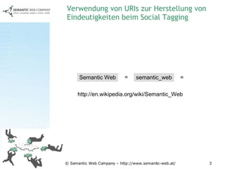 Verwendung von URIs zur Herstellung von Eindeutigkeiten beim Social Tagging http://en.wikipedia.org/wiki/Semantic_Web Semantic Web semantic_web = = 