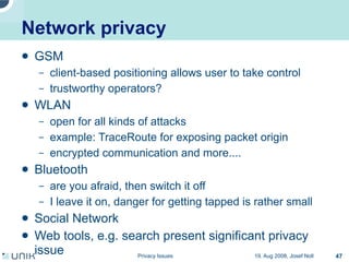 Privacy issues in network environments
