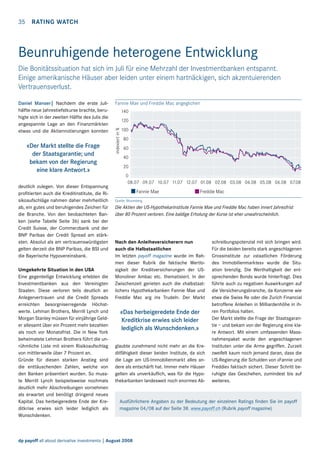 35  rating watch

Beunruhigende heterogene Entwicklung
Die Bonitätssituation hat sich im Juli für eine Mehrzahl der Investmentbanken entspannt.
Einige amerikanische Häuser aber leiden unter einem hartnäckigen, sich akzentuierenden
Vertrauensverlust.

«Der Markt stellte die Frage
der Staatsgarantie; und
bekam von der Regierung
eine klare Antwort.»
deutlich zulegen. Von dieser Entspannung
profitierten auch die Kreditinstitute, die Risikoaufschläge nahmen daher mehrheitlich
ab, ein gutes und beruhigendes Zeichen für
die Branche. Von den beobachteten Banken (siehe Tabelle Seite 36) sank bei der
Credit Suisse, der Commerzbank und der
BNP Paribas der Credit Spread am stärksten. Absolut als am vertrauenswürdigsten
gelten derzeit die BNP Paribas, die BSI und
die Bayerische Hypovereinsbank.
Umgekehrte Situation in den USA
Eine gegenteilige Entwicklung erlebten die
Investmentbanken aus den Vereinigten
Staaten. Diese verloren teils deutlich an
Anlegervertrauen und die Credit Spreads
erreichten besorgniserregende Höchstwerte. Lehman Brothers, Merrill Lynch und
Morgan Stanley müssen für einjährige Gelder allesamt über ein Prozent mehr bezahlen
als noch vor Monatsfrist. Die in New York
beheimatete Lehman Brothers führt die unrühmliche Liste mit einem Risikoaufschlag
von mittlerweile über 7 Prozent an.
Gründe für diesen starken Anstieg sind
die enttäuschenden Zahlen, welche von
den Banken präsentiert wurden. So muss­
te Merrill Lynch beispielsweise nochmals
deutlich mehr Abschreibungen vornehmen
als erwartet und benötigt dringend neues
Kapital. Das herbeigeredete Ende der Kreditkrise erwies sich leider lediglich als
Wunschdenken.

Fannie Mae und Freddie Mac angeglichen
140
120
indexiert in %

Daniel Manser| Nachdem die erste Julihälfte neue Jahrestiefstkurse brachte, beruhigte sich in der zweiten Hälfte des Julis die
angespannte Lage an den Finanzmärkten
etwas und die Aktiennotierungen konnten

100
80
60
40
20
0
08.07 09.07 10.07 11.07 12.07 01.08 02.08 03.08 04.08 05.08 06.08 07.08

Fannie Mae

Freddie Mac

Quelle: Bloomberg

Die Aktien der US-Hypothekarinstitute Fannie Mae und Freddie Mac haben innert Jahresfrist
über 80 Prozent verloren. Eine baldige Erholung der Kurse ist eher unwahrscheinlich.

Nach den Anleiheversicherern nun
auch die Halbstaatlichen
Im letzten payoff magazine wurde im Rahmen dieser Rubrik die faktische Wertlosigkeit der Kreditversicherungen der USMonoliner Ambac etc. thematisiert. In der
Zwischenzeit gerieten auch die «halbstaatlichen» Hypothekarbanken Fannie Mae und
Freddie Mac arg ins Trudeln. Der Markt

«Das herbeigeredete Ende der
Kreditkrise erwies sich leider
lediglich als Wunschdenken.»
glaubte zunehmend nicht mehr an die Kreditfähigkeit dieser beiden Institute, da sich
die Lage am US-Immobilienmarkt alles andere als entschärft hat. Immer mehr Häuser
gelten als unverkäuflich, was für die Hypothekarbanken landesweit noch enormes Ab-

schreibungspotenzial mit sich bringen wird.
Für die beiden bereits stark angeschlagenen
Grossinstitute zur «staatlichen Förderung
des Immobilienmarktes» wurde die Situation brenzlig. Die Werthaltigkeit der entsprechenden Bonds wurde hinterfragt. Dies
führte auch zu negativen Auswirkungen auf
die Versicherungsbranche, da Konzerne wie
etwa die Swiss Re oder die Zurich Financial
betroffene Anleihen in Milliardenhöhe in ihren Portfolios halten.
Der Markt stellte die Frage der Staatsgarantie – und bekam von der Regierung eine klare Antwort. Mit einem umfassenden Massnahmenpaket wurde den angeschlagenen
Instituten unter die Arme gegriffen. Zurzeit
zweifelt kaum noch jemand daran, dass die
US-Regierung die Schulden von «Fannie und
Freddie» faktisch sichert. Dieser Schritt beruhigte das Geschehen, zumindest bis auf
weiteres.

Ausführlichere Angaben zu der Bedeutung der einzelnen Ratings finden Sie im payoff
magazine 04/08 auf der Seite 38. www.payoff.ch (Rubrik payoff magazine)

dp payoff all about derivative investments | August 2008

 