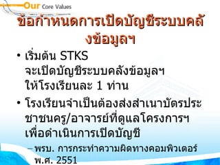 ข้อกำหนดการเปิดบัญชีระบบคลังข้อมูลฯ เริ่มต้น  STKS  จะเปิดบัญชีระบบคลังข้อมูลฯ ให้โรงเรียนละ  1  ท่าน โรงเรียนจำเป็นต้องส่งสำเนาบัตรประชาชนครู / อาจารย์ที่ดูแลโครงการฯ เพื่อดำเนินการเปิดบัญชี พรบ .  การกระทำความผิดทางคอมพิวเตอร์ พ . ศ . 2551 