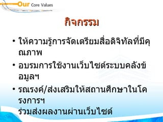 กิจกรรม ให้ความรู้การจัดเตรียมสื่อดิจิทัลที่มีคุณภาพ อบรมการใช้งานเว็บไซต์ระบบคลังข้อมูลฯ รณรงค์ / ส่งเสริมให้สถานศึกษาในโครงการฯ  ร่วมส่งผลงานผ่านเว็บไซต์ 