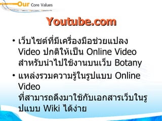 Youtube.com เว็บไซต์ที่มีเครื่องมือช่วยแปลง  Video  ปกติให้เป็น  Online Video  สำหรับนำไปใช้งานบนเว็บ  Botany แหล่งรวมความรู้ในรูปแบบ  Online Video  ที่สามารถดึงมาใช้กับเอกสารเว็บในรูปแบบ  Wiki  ได้ง่าย 