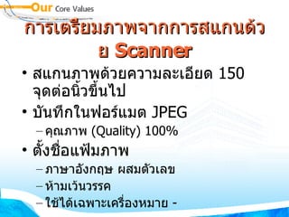 การเตรียมภาพจากการสแกนด้วย  Scanner สแกนภาพด้วยความละเอียด  150  จุดต่อนิ้วขึ้นไป บันทึกในฟอร์แมต  JPEG คุณภาพ  (Quality) 100% ตั้งชื่อแฟ้มภาพ ภาษาอังกฤษ ผสมตัวเลข ห้ามเว้นวรรค ใช้ได้เฉพาะเครื่องหมาย  - 