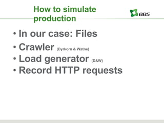 How to simulate production In our case: Files Crawler  (Dyrkorn & Watne) Load generator  (D&W) Record HTTP requests 