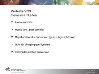 Verteilte VCS Gemeinsamkeiten Atomic commits Hooks (pre-, post-commit) Migrationstools für Subversion (git-svn, hgsvn, bzr-svn) GUIs für alle gängigen Systeme Kommados ähnlich Subversion 