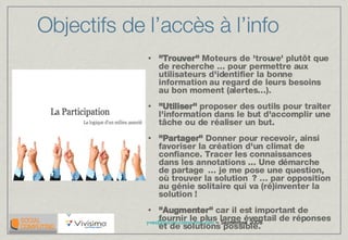 Objectifs de l’accès à l’info &quot;Trouver&quot;  Moteurs de 'trouve' plutôt que de recherche ... pour permettre aux utilisateurs d'identifier la bonne information au regard de leurs besoins au bon moment (alertes…). &quot;Utiliser&quot;  proposer des outils pour traiter l'information dans le but d'accomplir une tâche ou de réaliser un but. &quot;Partager&quot;  Donner pour recevoir, ainsi favoriser la création d'un climat de confiance. Tracer les connaissances dans les annotations ... Une démarche de partage … je me pose une question, où trouver la solution ? … par opposition au génie solitaire qui va (ré)inventer la solution ! &quot;Augmenter&quot;  car il est important de fournir le plus large éventail de réponses et de solutions possible. 