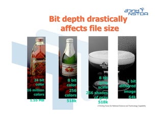 Bit depth drastically
                affects file size




                                 8 bit
    24 bit        8 bit                       1 bit
     color                       gray
                  color                  dithered
                                scale
16 million         256                      image
   colors                 256 shades
                 colors                        64k
                              of gray
 1.55 MB          518k          518k
 