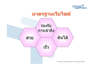 มาตรฐานเว็บไซต

       รองรับ
      การเขาถึง
สวย                คนได

         เร็ว
 
