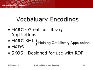 Vocbaluary Encodings MARC - Great for Library Applications MARC-XML MADS SKOS - Designed for use with RDF } Helping Get Library Apps online 