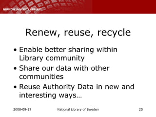 Renew, reuse, recycle Enable better sharing within Library community Share our data with other communities Reuse Authority Data in new and interesting ways… 