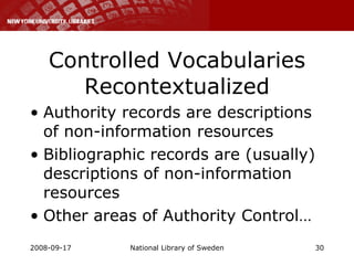 Controlled Vocabularies Recontextualized Authority records are descriptions of non-information resources Bibliographic records are (usually) descriptions of non-information resources Other areas of Authority Control… 