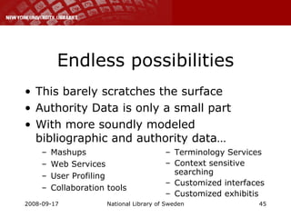 Endless possibilities This barely scratches the surface Authority Data is only a small part With more soundly modeled bibliographic and authority data… Terminology Services Context sensitive searching Customized interfaces Customized exhibitis Mashups Web Services User Profiling Collaboration tools 