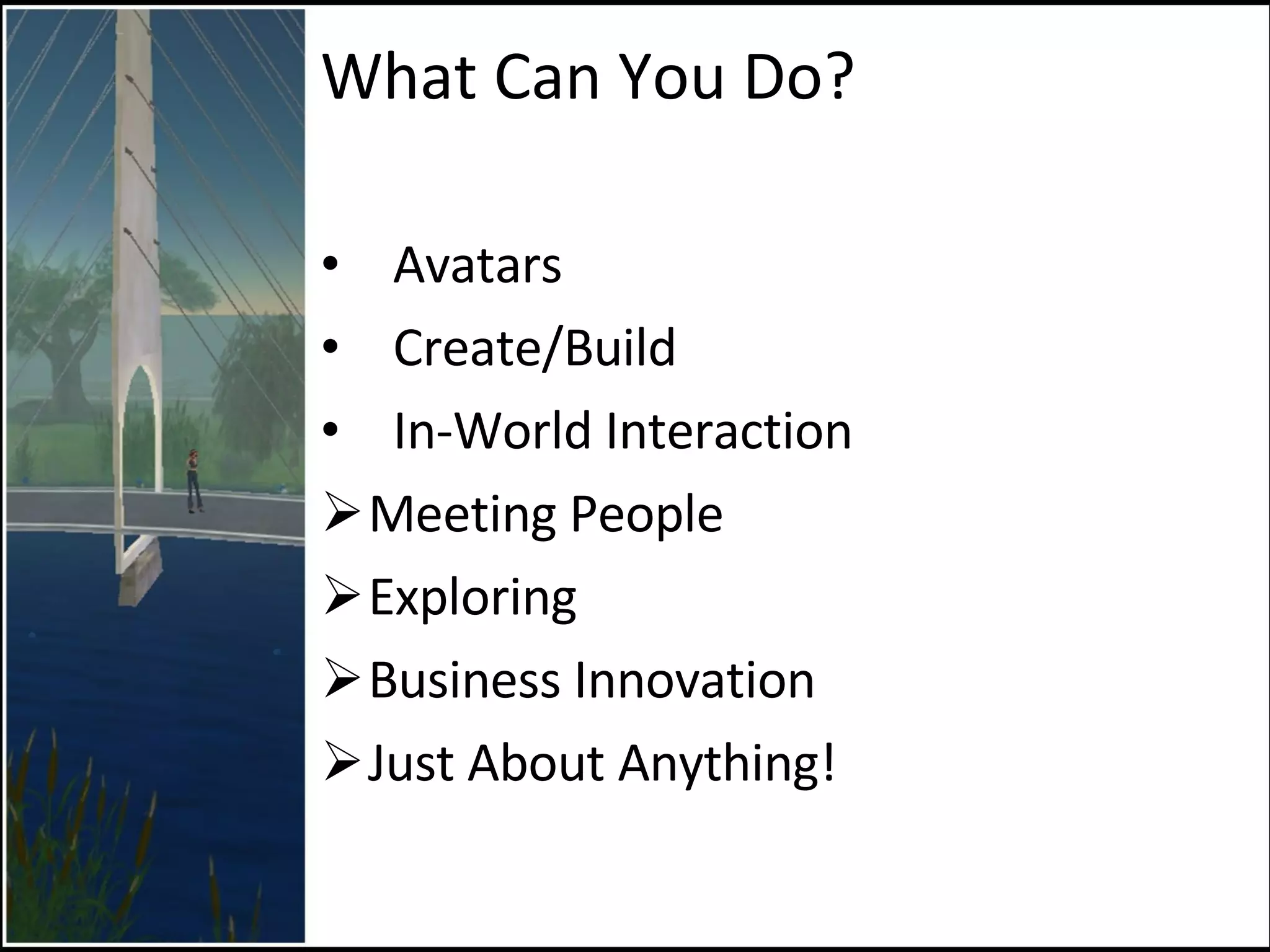 What Can You Do? Avatars Create/Build In-World Interaction  Meeting People Exploring Business Innovation Just About Anything!  