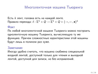 Ìíîãîëåíòî÷íàÿ ìàøèíà Òüþðèíãà




Åñòü   k   ëåíò, ãîëîâêà åñòü íà êàæäîé ëåíòå.
Ïðàâèëî ïåðåõîäà:     δ : Σk × Q → Σk × Q × {→, ←, •}k
Ôàêò

Ïî ëþáîé ìíîãîëåíòî÷íîé ìàøèíå Òüþðèíãà ìîæíî ïîñòðîèòü
îäíîëåíòî÷íóþ ìàøèíó Òüþðèíãà, âû÷èñëÿþùóþ òó æå
ôóíêöèþ. Ïðè÷åì ñëîæíîñòíûå õàðàêòåðèñòèêè ýòîé ìàøèíû
áóäóò ëèøü â ïîëèíîì ðàç õóæå.


Çàìå÷àíèå

Èíîãäà óäîáíî ñ÷èòàòü, ÷òî ìàøèíà ñíàáæåíà ñïåöèàëüíîé
âõîäíîé ëåíòîé, äîñòóïíîé òîëüêî äëÿ ÷òåíèÿ è âûõîäíîé
ëåíòîé, äîñòóïíîé äëÿ çàïèñè, íî áåç èñïðàâëåíèé.




                                                          15 / 38
 
