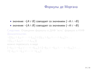 Ôîðìóëû äå Ìîðãàíà




   •   çíà÷åíèå    ¬(A ∨ B)     ñîâïàäàåò ñî çíà÷åíèåì            (¬A ∧ ¬B)
   •   çíà÷åíèå    ¬(A ∧ B)     ñîâïàäàåò ñî çíà÷åíèåì            (¬A ∨ ¬B)
Ñëåäñòâèå. Îòðèöàíèå ôîðìóëû â ÄÍÔ åñòü ôîðìóëà â ÊÍÔ
Äîêàçàòåëüñòâî.
¬((l1,1 ∧ l1,2 ∧ · · · ∧ l1,n1 ) ∨ (l2,1 ∧ l2,2 ∧ · · · ∧ l2,n2 ) ∨ . . .
∨(lk,1 ∧ lk,2 ∧ · · · ∧ lk,nk ))
ìîæíî ïåðåïèñàòü â âèäå
(¬l1,1 ∨ ¬l1,2 ∨ · · · ∨ ¬l1,n1 ) ∧ (¬l2,1 ∨ ¬l2,2 ∧ · · · ∨ ¬l2,n2 ) ∧ . . .
∧(¬lk,1 ∨ ¬lk,2 ∨ · · · ∨ ¬lk,nk )




                                                                                34 / 38
 