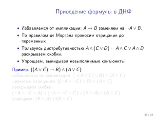 Ïðèâåäåíèå ôîðìóëû â ÄÍÔ



  •   Èçáàâëÿåìñÿ îò èìïëèêàöèè:   A→B    çàìåíÿåì íà    ¬A ∨ B .
  •   Ïî ïðàâèëàì äå Ìîðãàíà ïðîíîñèì îòðèöàíèÿ äî
      ïåðåìåííûõ

  •   Ïîëüçóÿñü äèñòðèáóòèâíîñòüþ   A ∧ (C ∨ D) = A ∧ C ∨ A ∧ D
      ðàñêðûâàåì ñêîáêè.

  •   Óïðîùàåì, âûêèäûâàÿ íåâûïîëíèìûå êîíúþíêòû

Ïðèìåð. ((A ∨ C ) → B) ∧ (A ∨ C )
èçáàâëÿåìñÿ îò èìïëèêàöèè:  (¬(A ∨ C ) ∨ B) ∧ (A ∨ C )
ïðîíîñèì îòðèöàíèÿ: ((¬A ∧ ¬C ) ∨ B) ∧ (A ∨ C )
ðàñêðûâàåì ñêîáêè:
(¬A ∧ ¬C ∧ A) ∨ (¬A ∧ ¬C ∧ C ) ∨ (B ∧ A) ∨ (B ∧ C )
óïðîùàåì: (B ∧ A) ∨ (B ∧ C )



                                                                    37 / 38
 