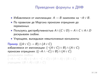Ïðèâåäåíèå ôîðìóëû â ÄÍÔ



  •   Èçáàâëÿåìñÿ îò èìïëèêàöèè:   A→B    çàìåíÿåì íà    ¬A ∨ B .
  •   Ïî ïðàâèëàì äå Ìîðãàíà ïðîíîñèì îòðèöàíèÿ äî
      ïåðåìåííûõ

  •   Ïîëüçóÿñü äèñòðèáóòèâíîñòüþ   A ∧ (C ∨ D) = A ∧ C ∨ A ∧ D
      ðàñêðûâàåì ñêîáêè.

  •   Óïðîùàåì, âûêèäûâàÿ íåâûïîëíèìûå êîíúþíêòû

Ïðèìåð. ((A ∨ C ) → B) ∧ (A ∨ C )
èçáàâëÿåìñÿ îò èìïëèêàöèè:  (¬(A ∨ C ) ∨ B) ∧ (A ∨ C )
ïðîíîñèì îòðèöàíèÿ: ((¬A ∧ ¬C ) ∨ B) ∧ (A ∨ C )
ðàñêðûâàåì ñêîáêè:
(¬A ∧ ¬C ∧ A) ∨ (¬A ∧ ¬C ∧ C ) ∨ (B ∧ A) ∨ (B ∧ C )
óïðîùàåì: (B ∧ A) ∨ (B ∧ C )



                                                                    37 / 38
 
