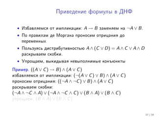 Ïðèâåäåíèå ôîðìóëû â ÄÍÔ



  •   Èçáàâëÿåìñÿ îò èìïëèêàöèè:   A→B    çàìåíÿåì íà    ¬A ∨ B .
  •   Ïî ïðàâèëàì äå Ìîðãàíà ïðîíîñèì îòðèöàíèÿ äî
      ïåðåìåííûõ

  •   Ïîëüçóÿñü äèñòðèáóòèâíîñòüþ   A ∧ (C ∨ D) = A ∧ C ∨ A ∧ D
      ðàñêðûâàåì ñêîáêè.

  •   Óïðîùàåì, âûêèäûâàÿ íåâûïîëíèìûå êîíúþíêòû

Ïðèìåð. ((A ∨ C ) → B) ∧ (A ∨ C )
èçáàâëÿåìñÿ îò èìïëèêàöèè:  (¬(A ∨ C ) ∨ B) ∧ (A ∨ C )
ïðîíîñèì îòðèöàíèÿ: ((¬A ∧ ¬C ) ∨ B) ∧ (A ∨ C )
ðàñêðûâàåì ñêîáêè:
(¬A ∧ ¬C ∧ A) ∨ (¬A ∧ ¬C ∧ C ) ∨ (B ∧ A) ∨ (B ∧ C )
óïðîùàåì: (B ∧ A) ∨ (B ∧ C )



                                                                    37 / 38
 
